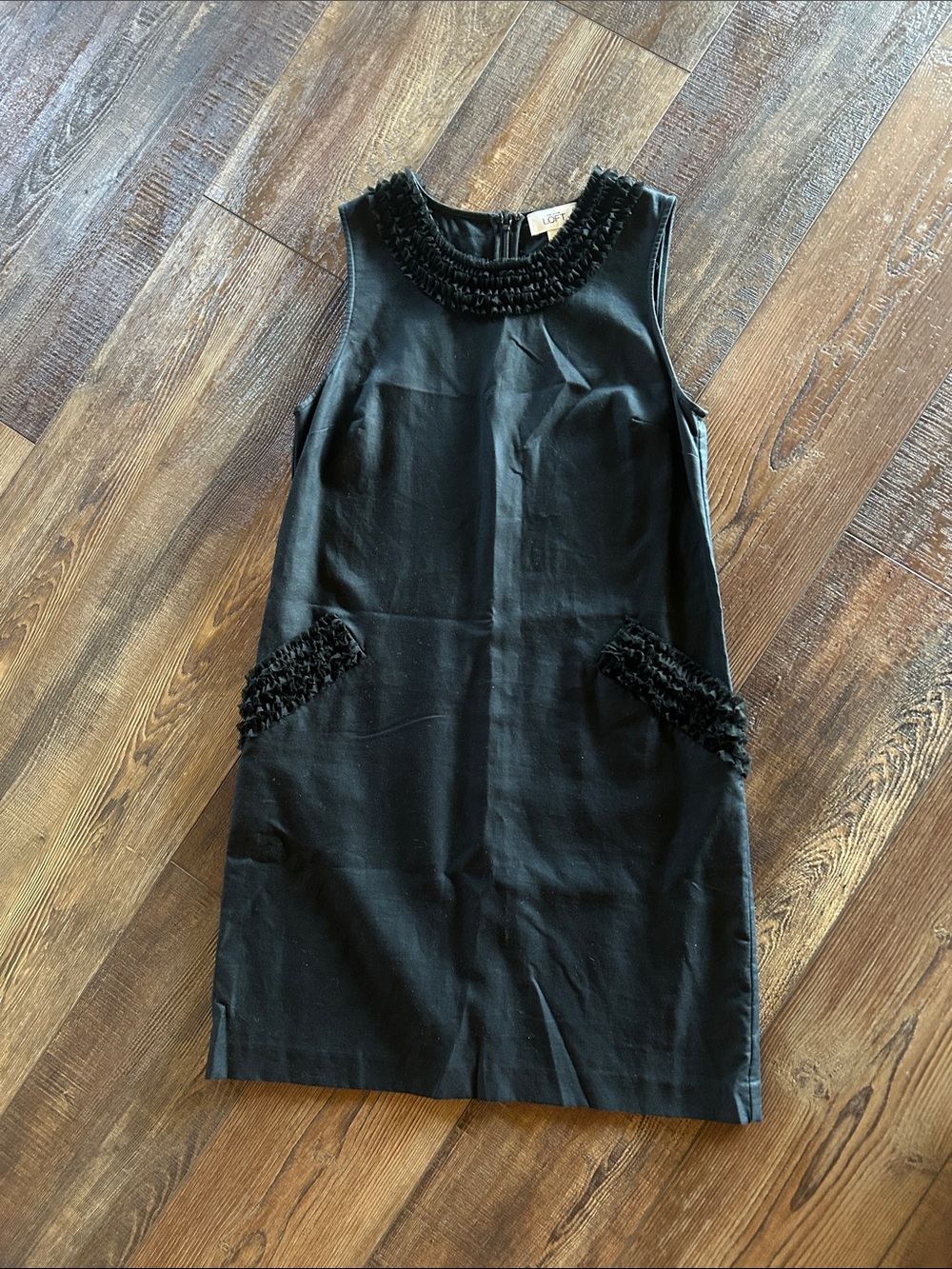 LOFT Black Sleeveless Shift Dress with Rosette Trim